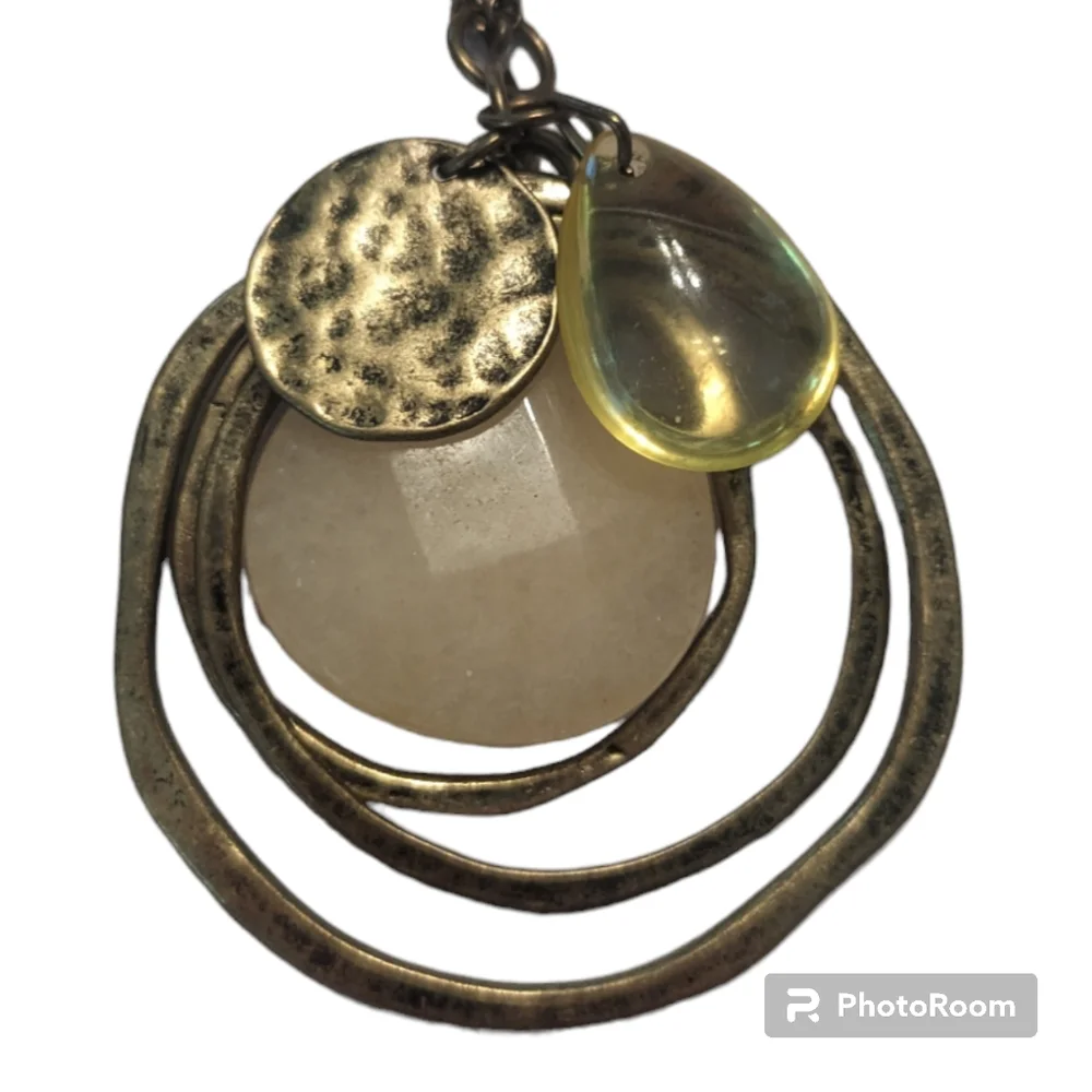 Vintage Antiqued Brass Circles And Cream Yellow Stones Long Necklace